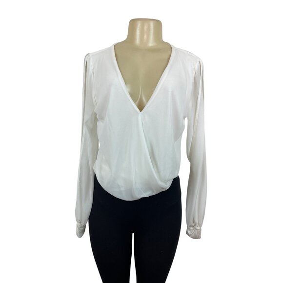 Arden B. Womens Long Sleeve V-Neck White Drape Top Sz S - Picture 1 of 10